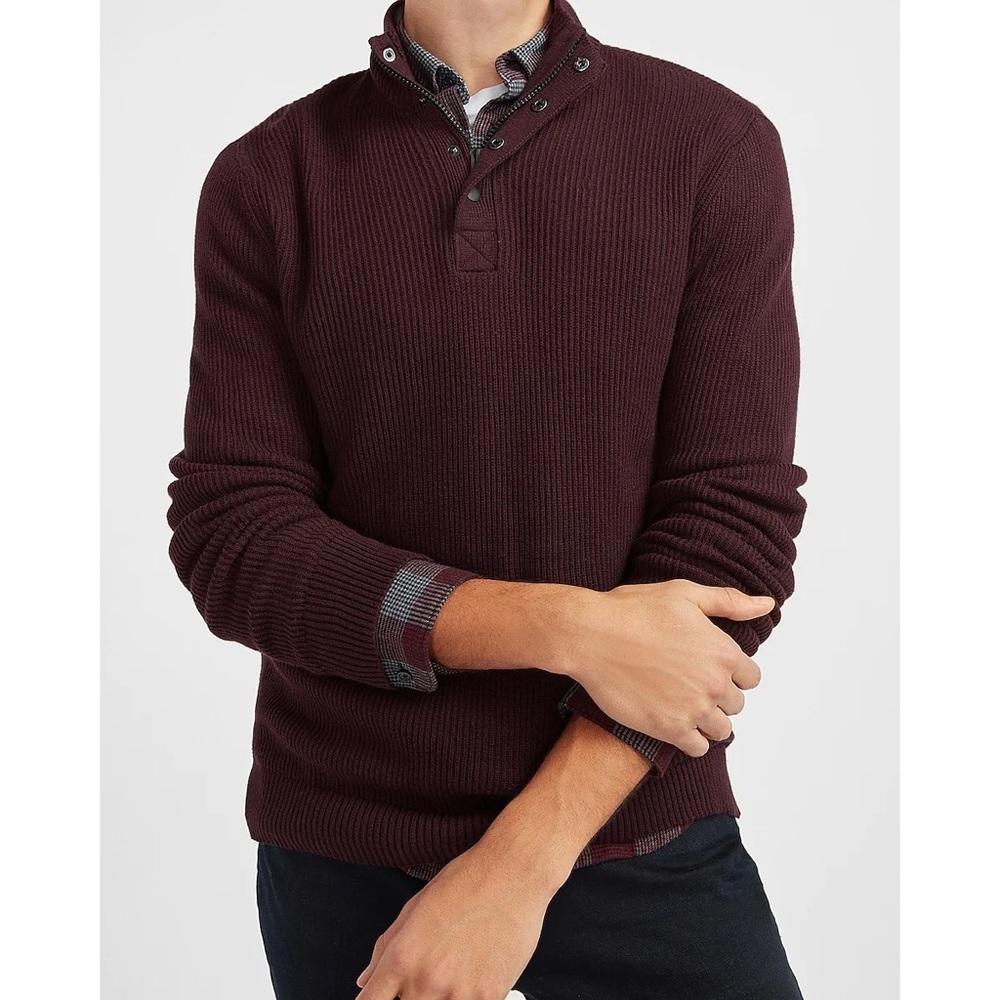 Express Solid Mock Neck Snap Zip Merlot Sweater - image 1